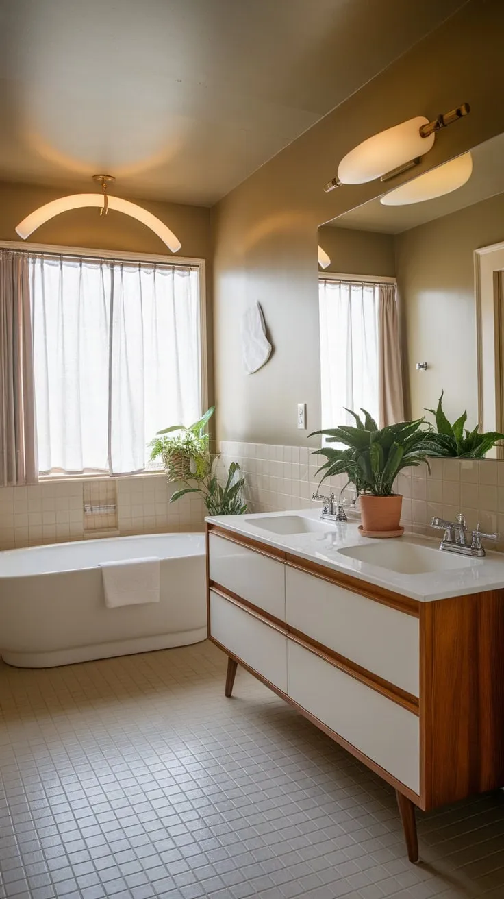 Clean lines and potted plants bring mid-century modern charm to a bright, airy bathroom with a double vanity and curved light fixture