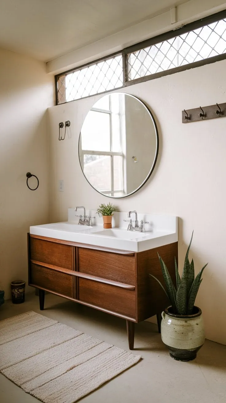 Simple elegance defines this mid-century bathroom, its dark wood vanity and round mirror reflecting a functional yet stylish space