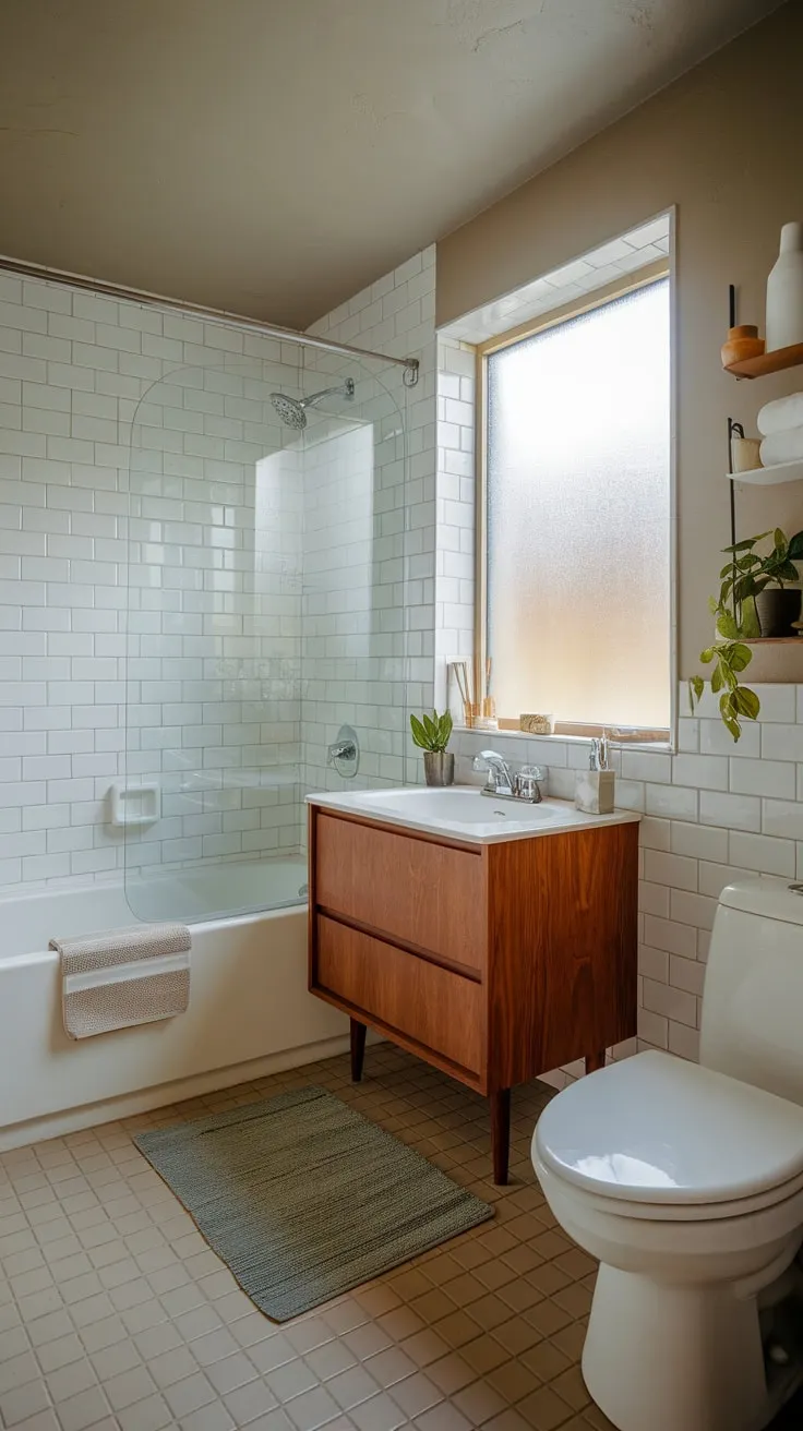 Clean lines and retro charm define this mid-century modern bathroom, a serene oasis of white tile and understated elegance