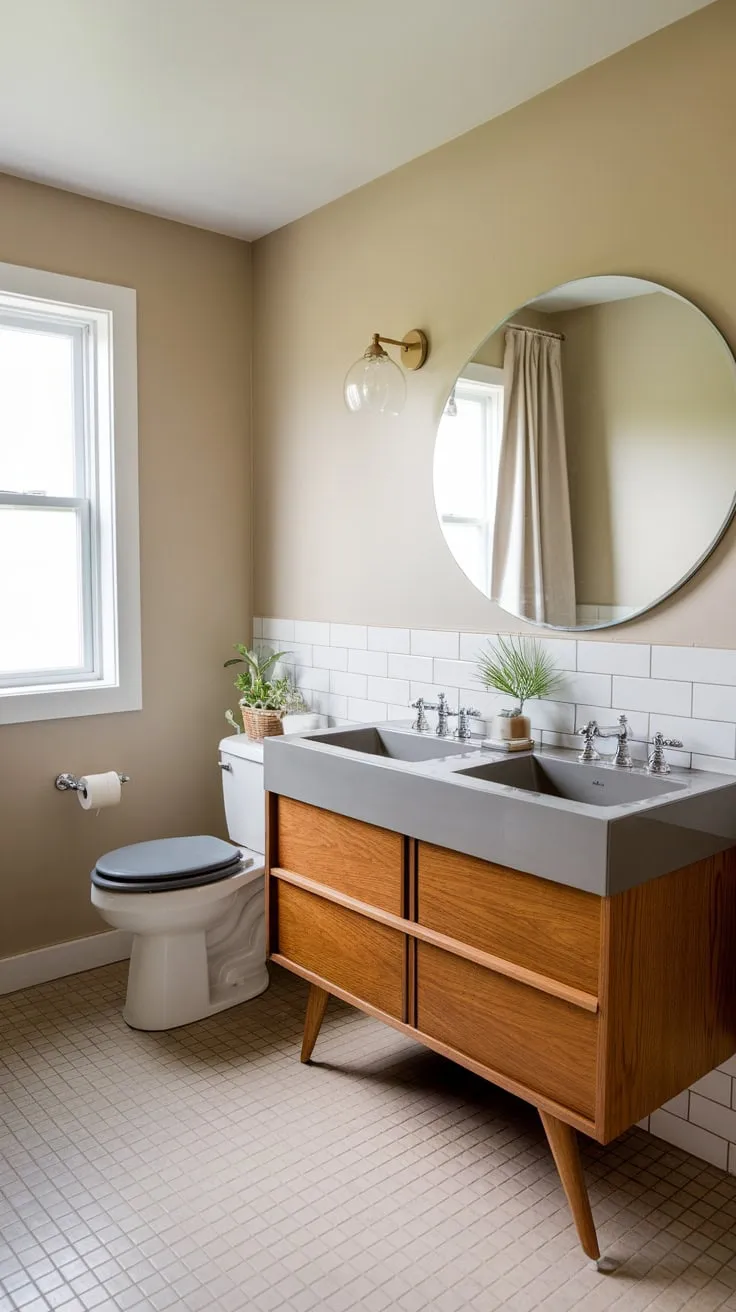 Beige walls and tiles complement a classic mid-century modern bathroom featuring a white wooden double vanity and a round mirror.
