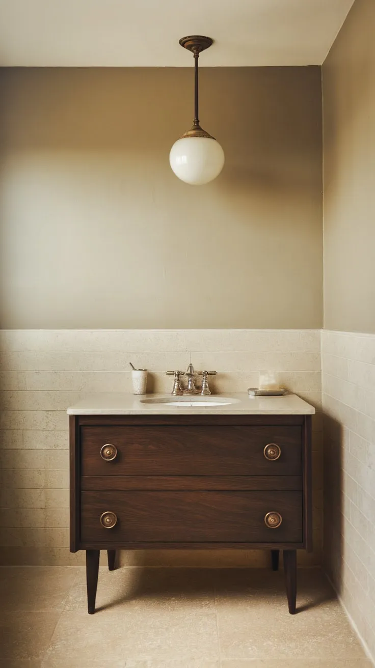 Beige tiles and a dark brown mid-century vanity create a vintage-chic bathroom atmosphere