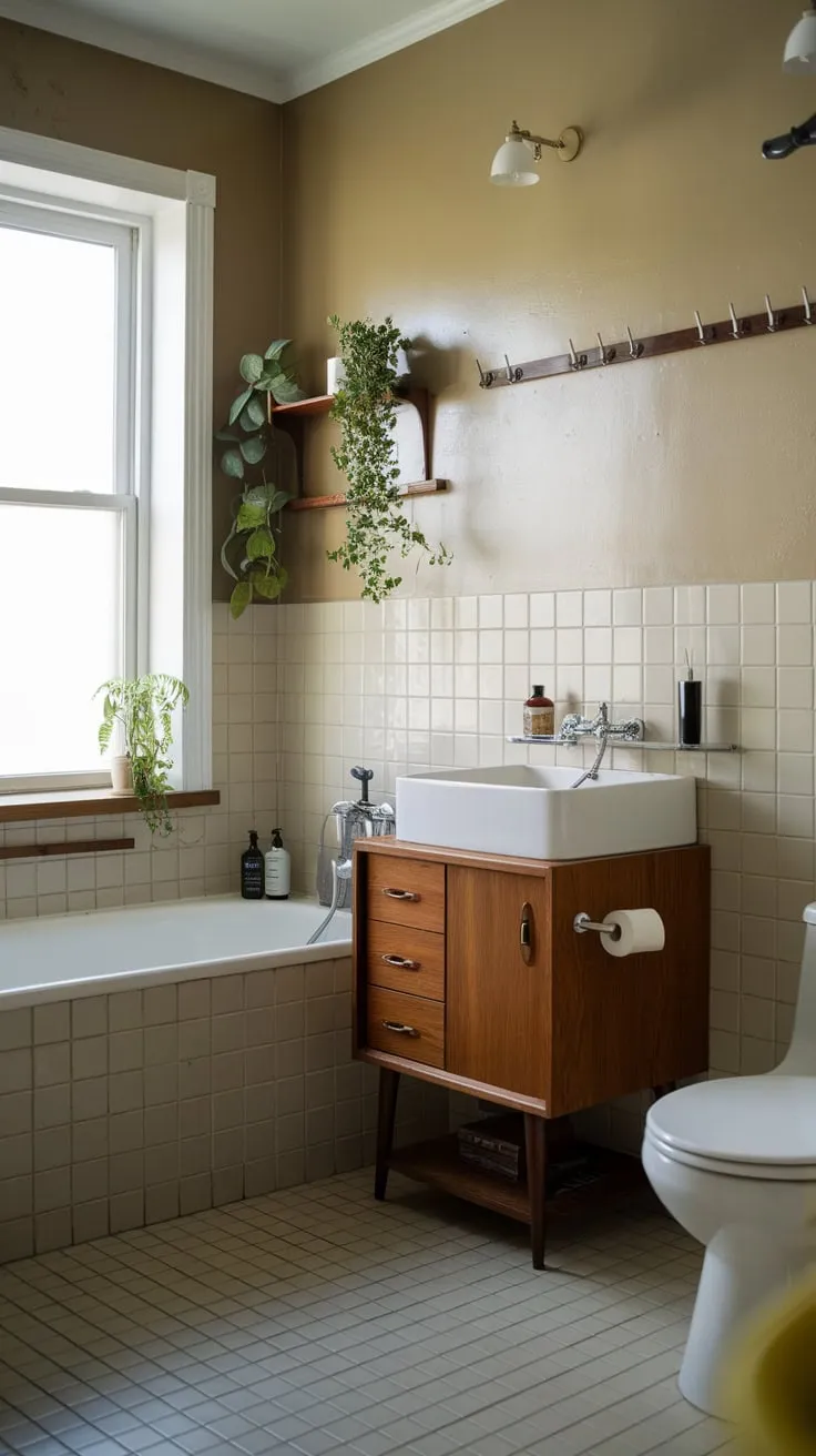 A white tub and potted plant complete the retro-chic aesthetic of this mid-century bathroom.