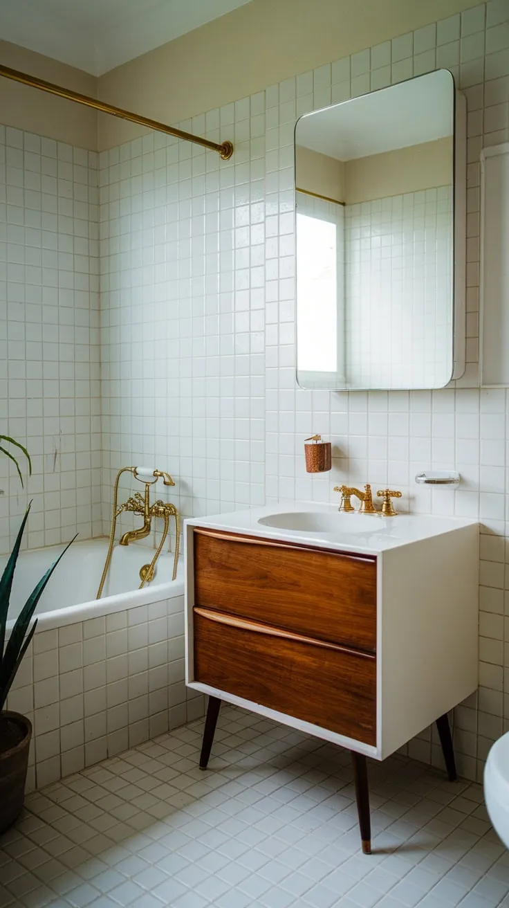 Gold fixtures and a wood-grain vanity accentuate the vintage charm of this pristine mid-century modern bathroom