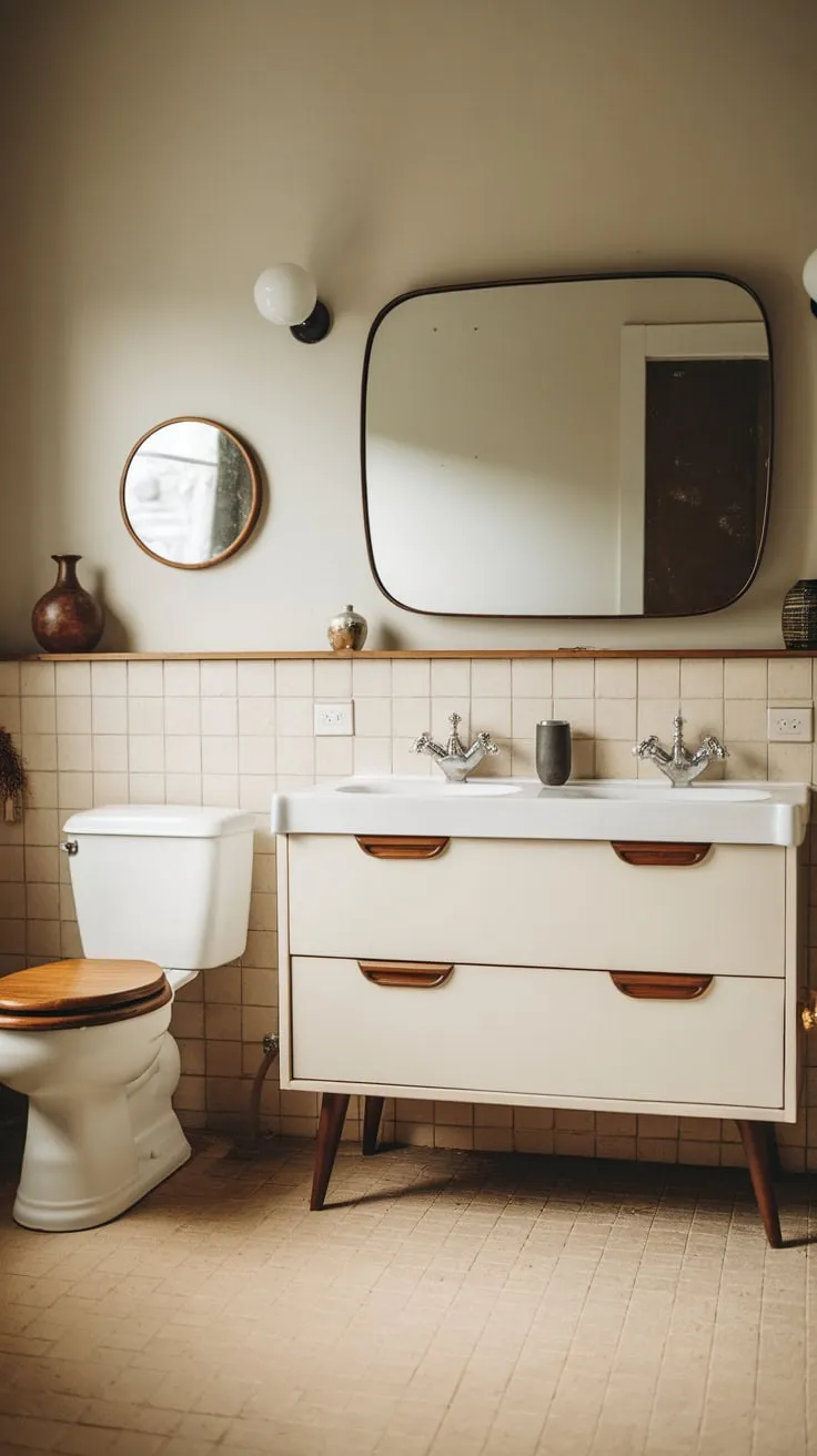 Soft lighting illuminates a vintage-inspired mid-century bathroom featuring a white double vanity, rounded mirror, and beige tile floors.