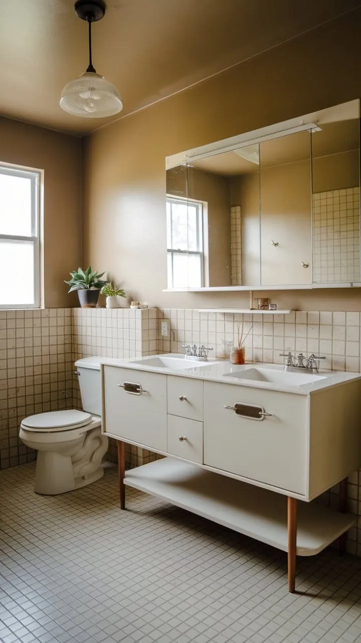 This mid-century modern bathroom harmoniously blends subtle elegance and timeless design with a creamy beige palette, clean lines, vintage lighting, and a refreshing touch of greenery.