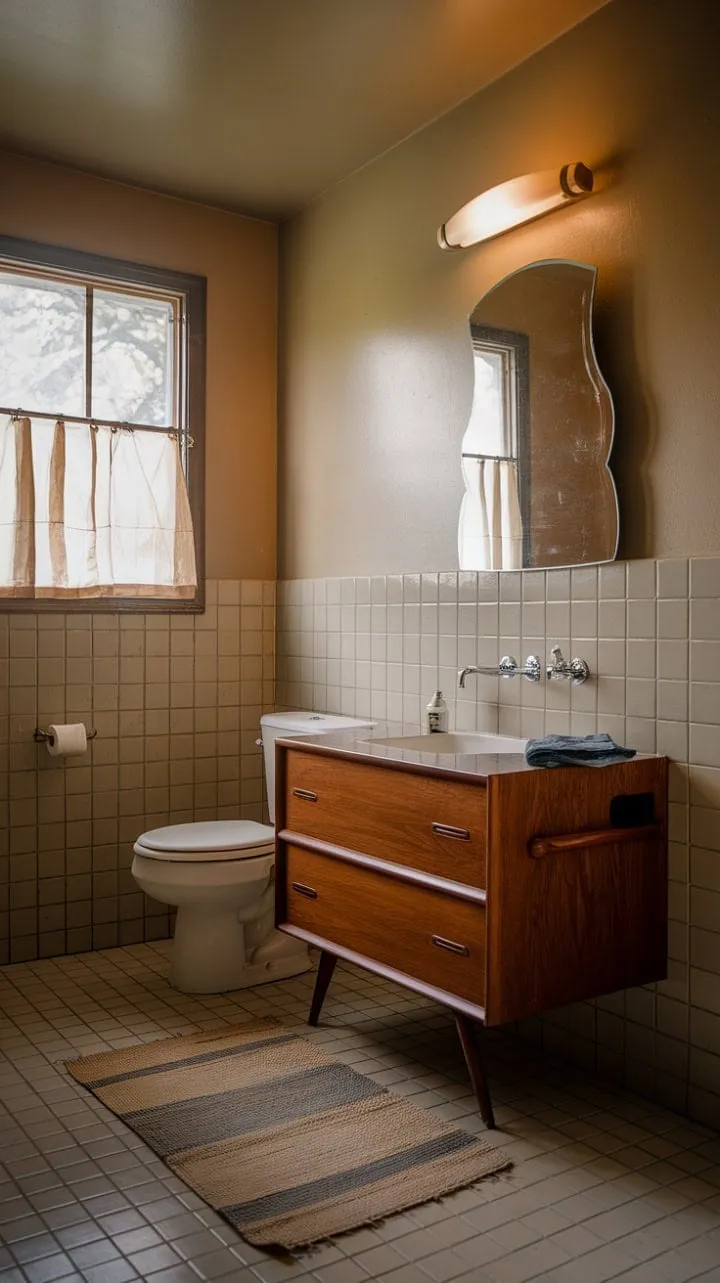 This mid-century bathroom, with its creamy tiles and vintage vanity, offers a serene sanctuary bathed in soft light, ideal for moments of peaceful retreat.