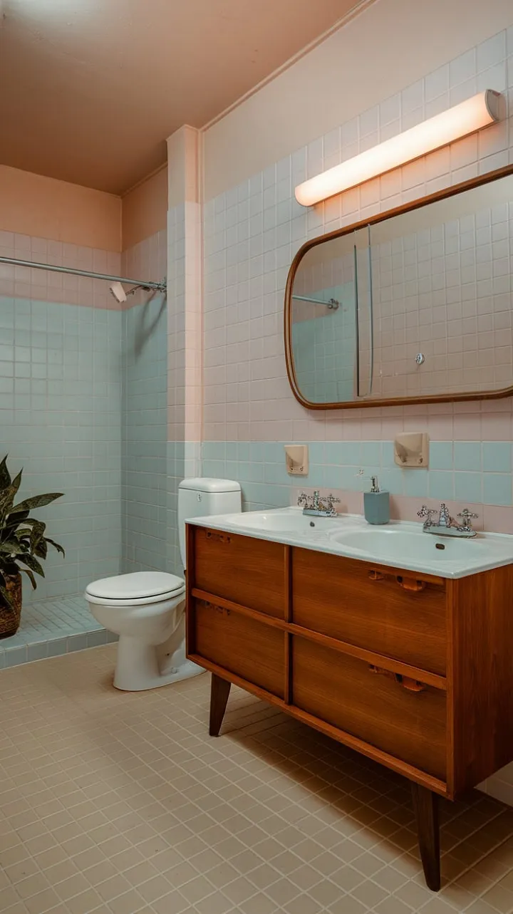 In a serene mid-century modern bathroom, warm light highlights pastel tiles and a vintage double vanity, creating a tranquil oasis where old-world charm meets contemporary comfort.