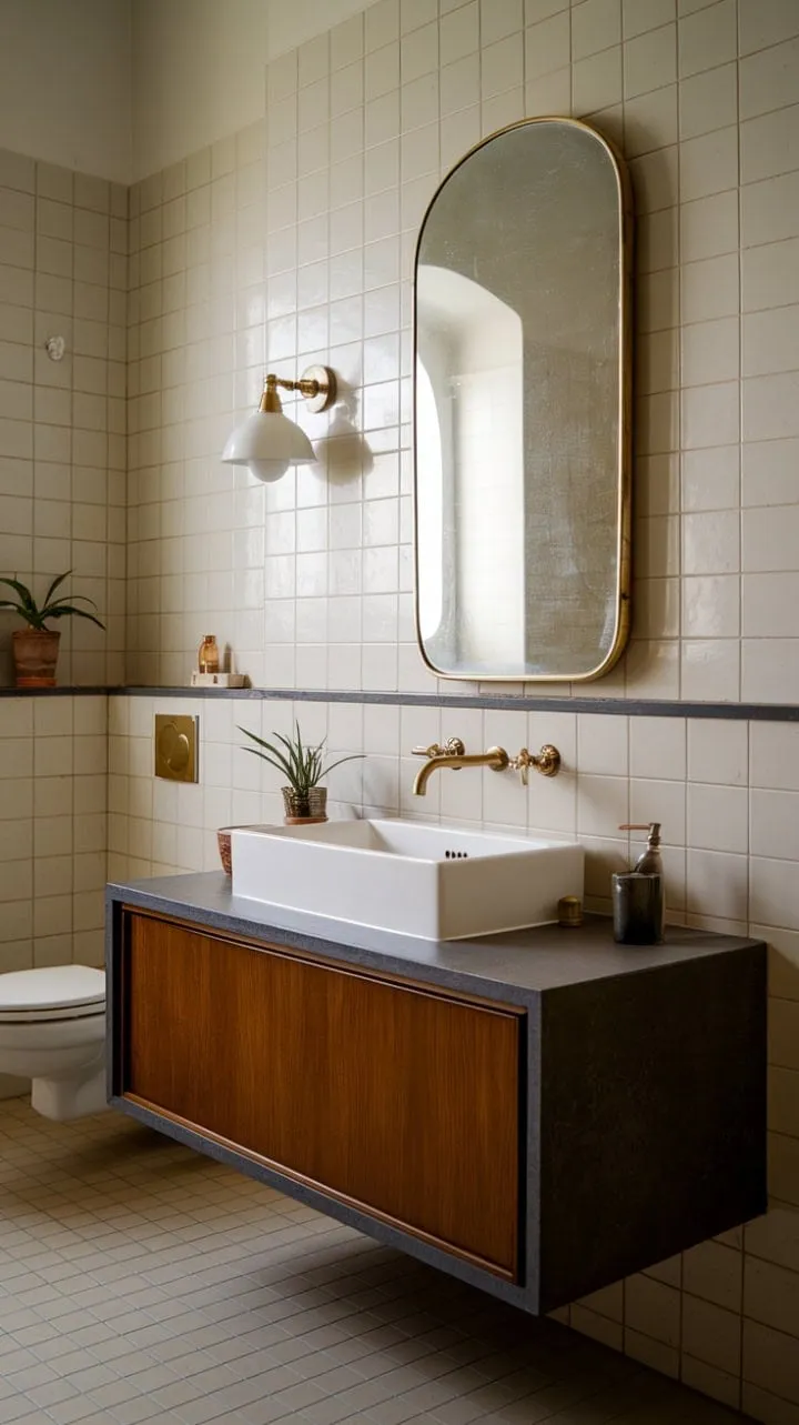 This mid-century modern bathroom harmoniously fuses vintage charm with contemporary elegance through sleek lines, warm brass accents, and calming beige tiles.