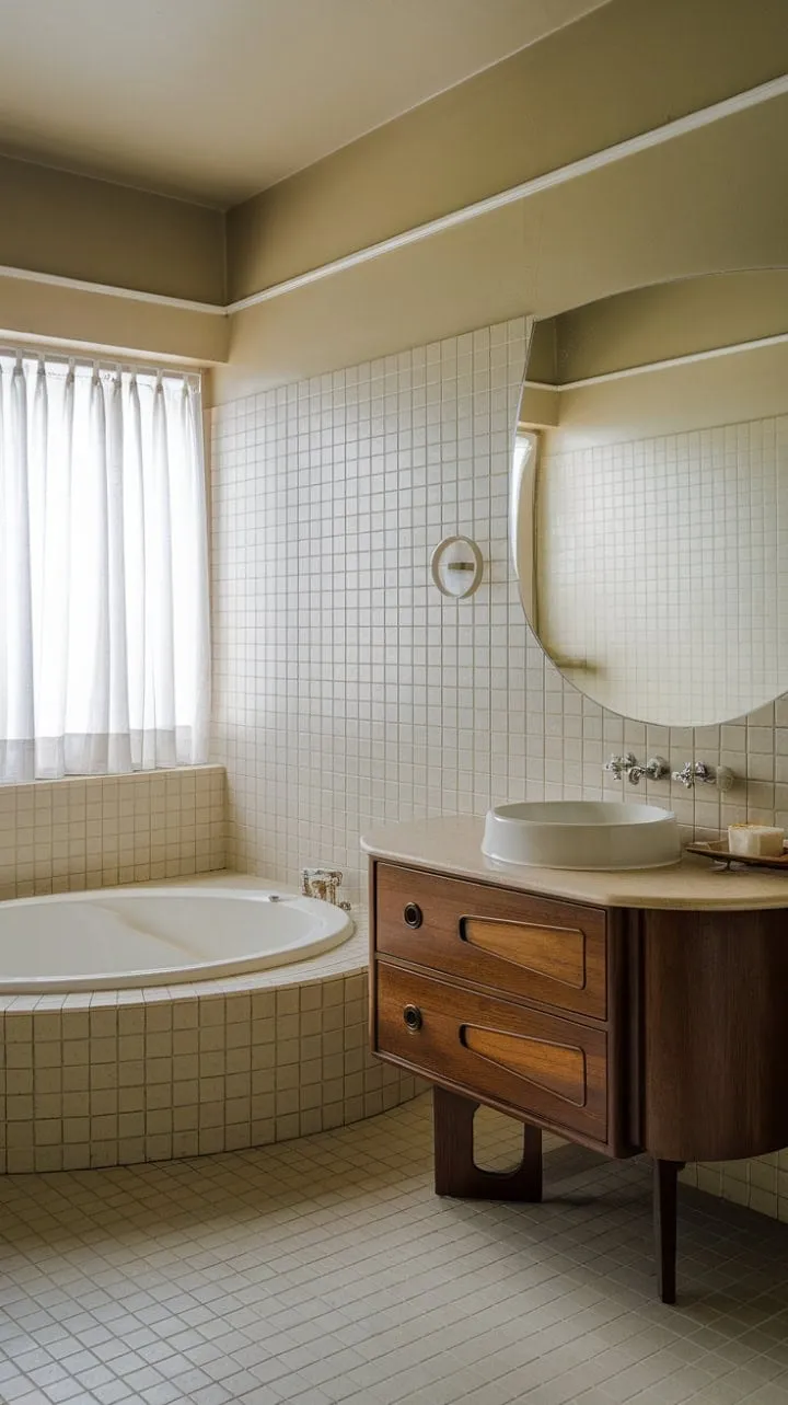 This mid-century modern bathroom blends vintage charm with contemporary elegance, featuring subtle curves, creamy tones, and a serene ambiance that tells stories of the past while embracing the present.