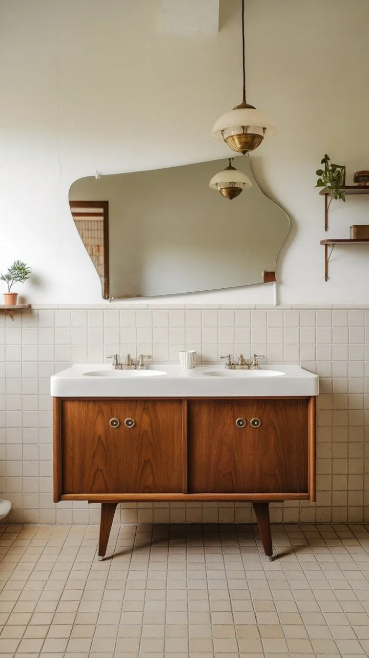 Awakening to a sunlit mid-century modern bathroom, where a stunning double vanity harmonizes beauty with practicality, feels like a daily retreat into elegance.