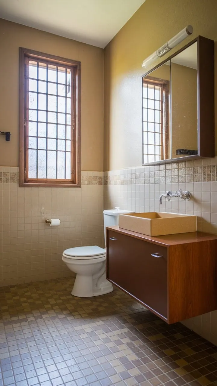 This mid-century bathroom epitomizes timeless elegance with its serene color palette and chic accessories, creating a tranquil sanctuary.