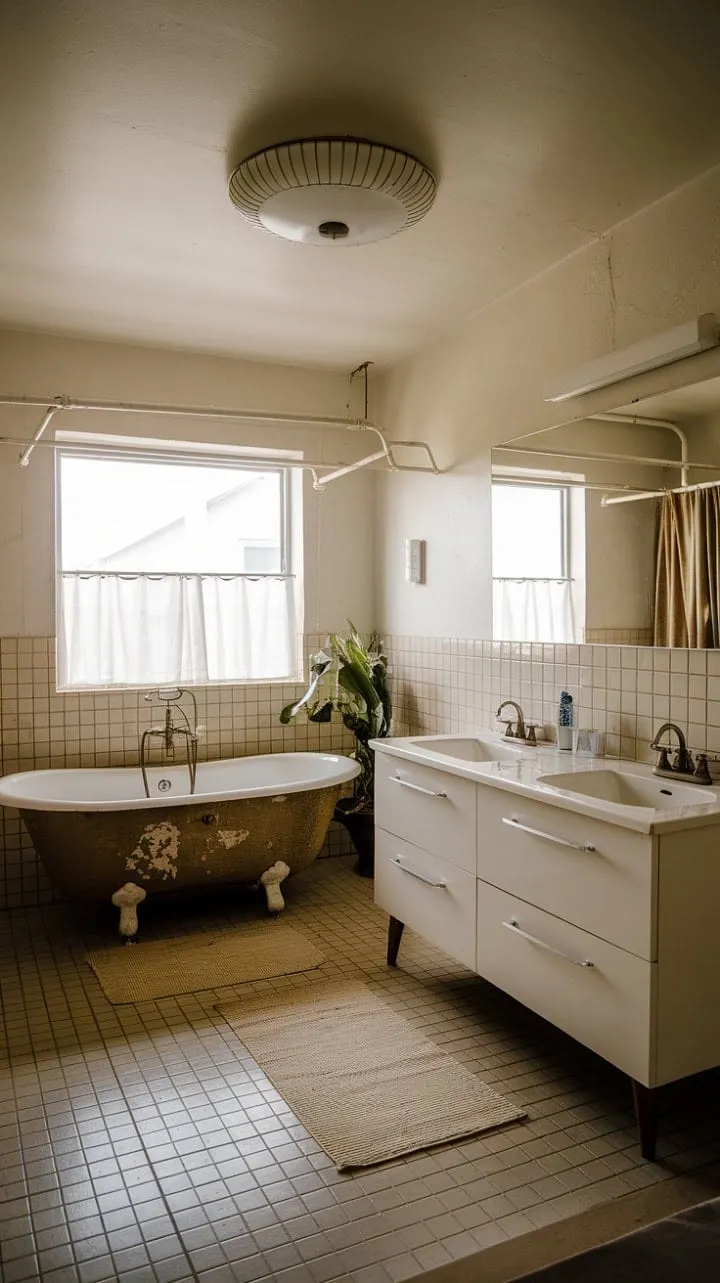 This mid-century bathroom blends vintage charm with modern serenity, creating a dreamy retreat that celebrates timeless design.