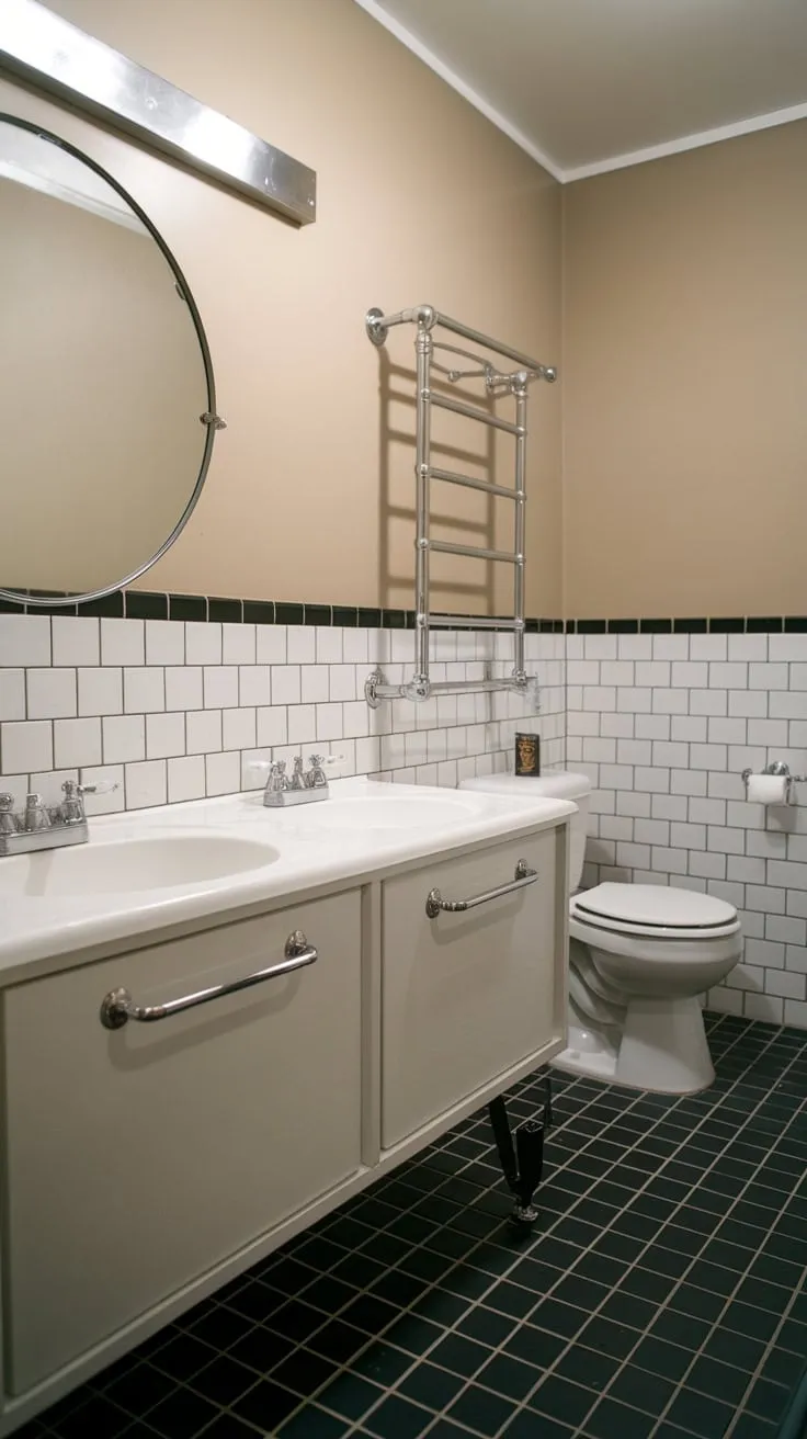 Beige walls, a black and white tiled floor, and a chrome-accented double vanity create a classic mid-century modern bathroom.