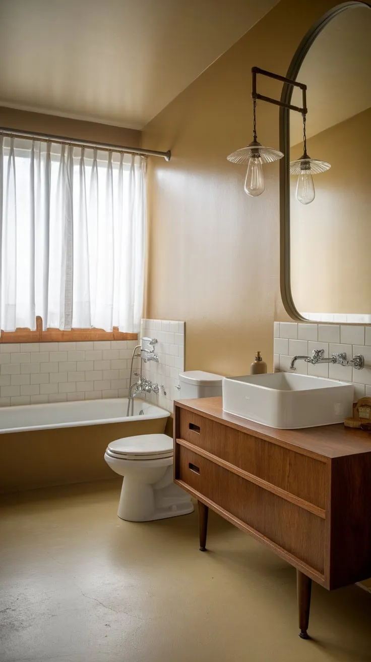 A vintage light fixture illuminates a pristine mid-century modern bathroom, its white fixtures and wooden vanity contrasting beautifully against beige walls and floors.
