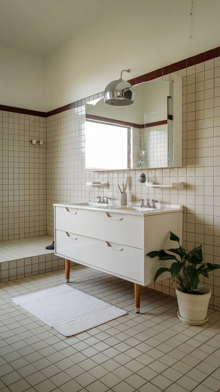 A potted plant adds a touch of nature to this serene mid-century bathroom, its white vanity and beige tile showcasing classic style.