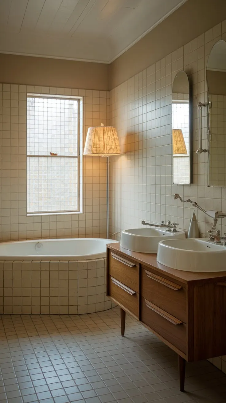 Curved lines, beige tiles, and a vintage vanity create a serene mid-century modern bathroom retreat