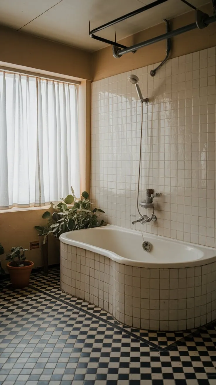 A vintage-feel mid-century modern bathroom boasts a curved white tub, black and white checkered floors, and a touch of greenery.