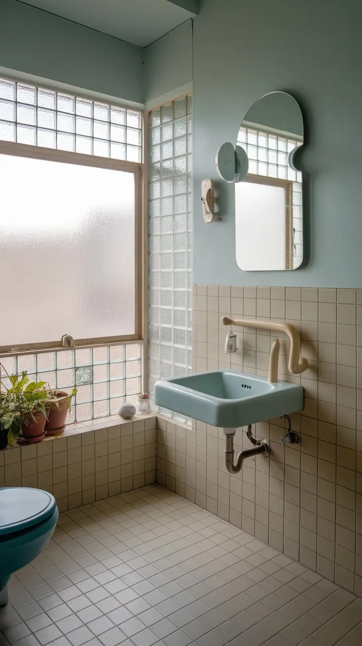 A vintage-inspired mid-century bathroom boasts simple elegance with a curved faucet, frosted window, and light blue walls.
