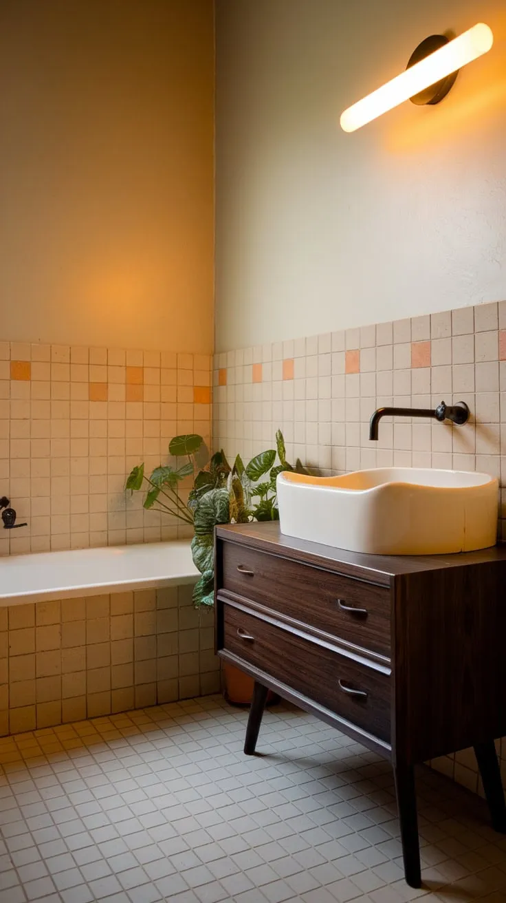 Warm lighting illuminates a retro-chic mid-century bathroom featuring a white tub, dark wood vanity, and playful orange and beige tilework.