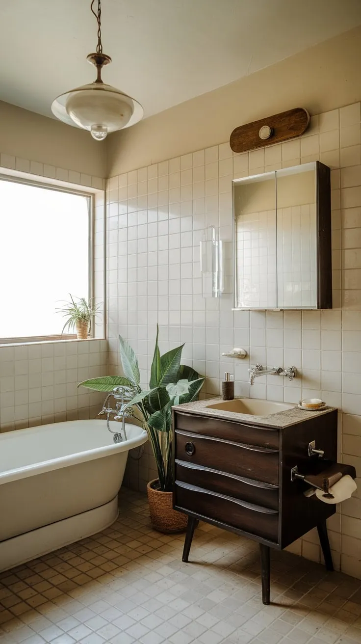 Classic mid-century style shines in this bathroom, featuring a white tub, dark wood vanity, and vintage lighting complemented by beige tiles and a touch of greenery.