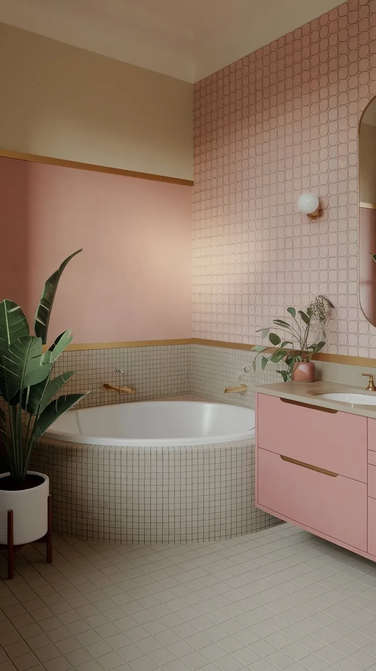 Beige tiles and a pink vanity with a potted plant complete this charming mid-century bathroom's aesthetic.
