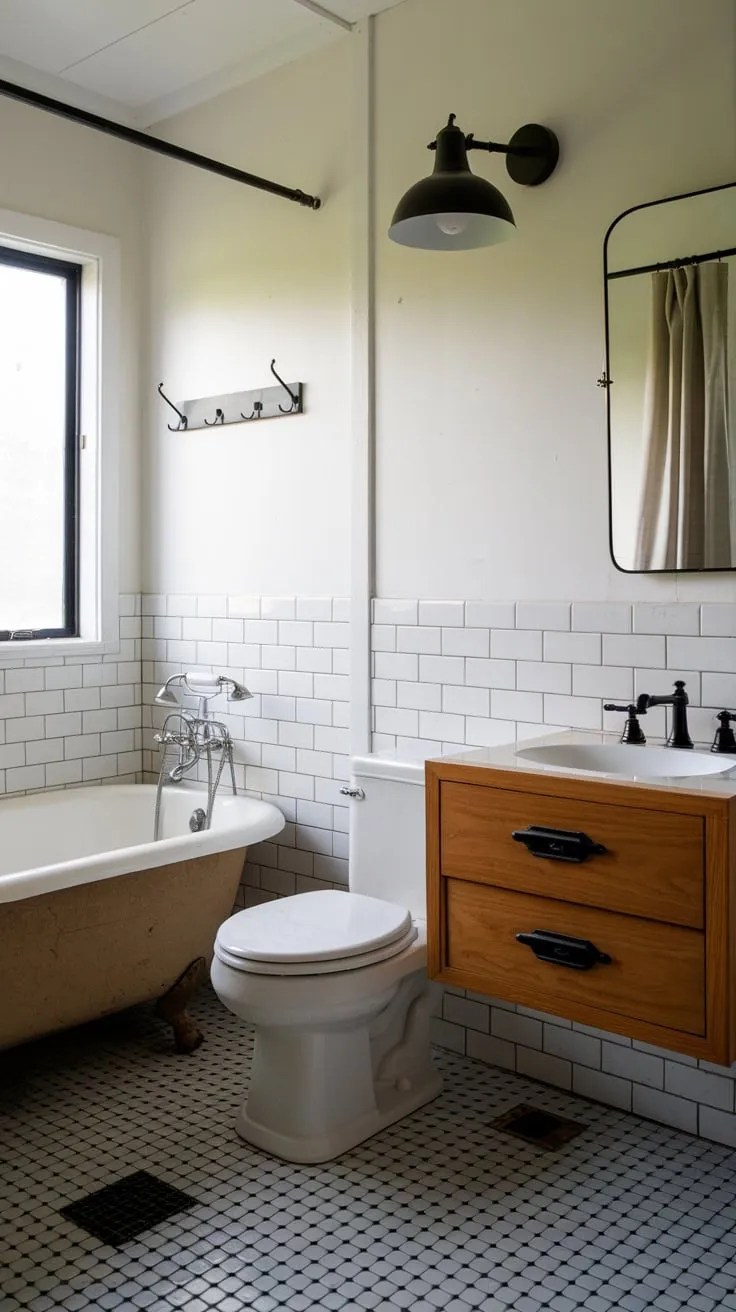 Clean lines and retro charm combine in this mid-century bathroom, featuring a curved tub and black-and-white checkered tile.