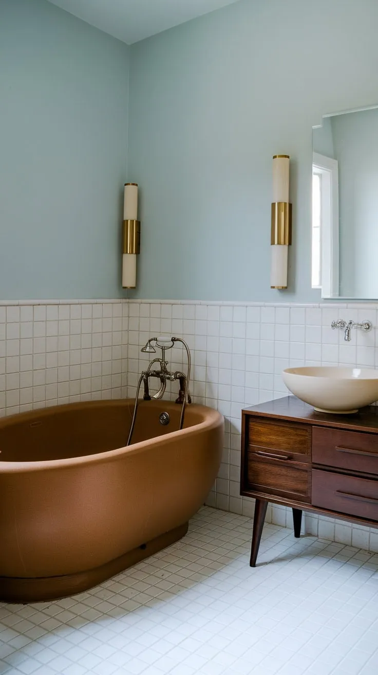 Retro-chic meets relaxation in this mid-century bathroom, showcasing a freestanding tub and sleek vanity against a backdrop of light blue walls and white tiles.