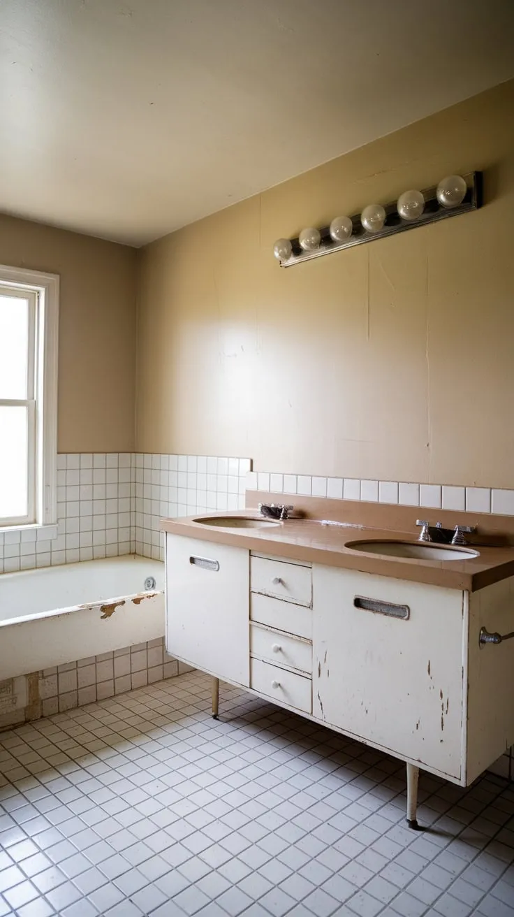 Patina-rich details like a worn tub and scratched vanity add character to this nostalgic mid-century modern bathroom.