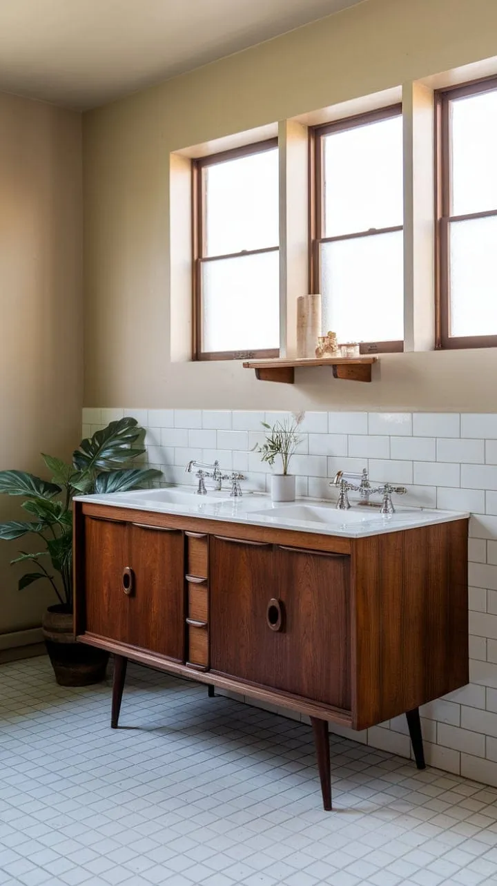 The Casa Vintage double vanity elegantly marries classic craftsmanship with modern functionality, creating a serene bathroom oasis adorned with soft beige walls and bright white tiles.