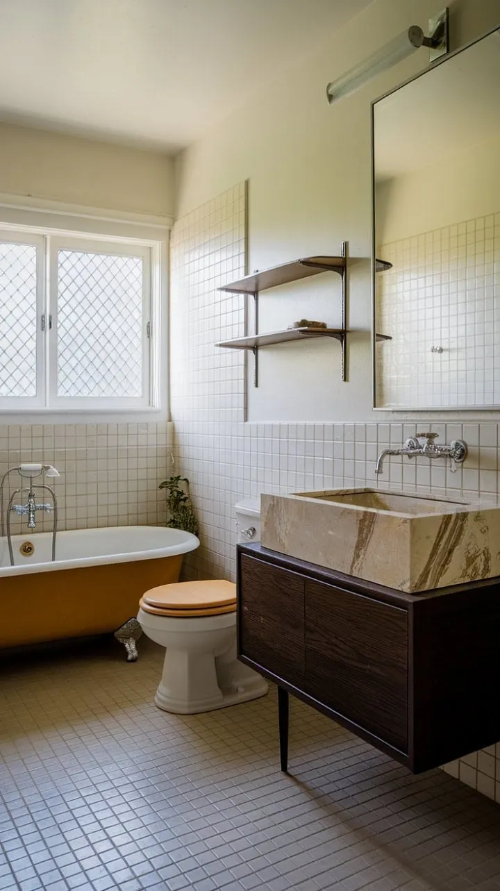 This serene mid-century modern bathroom, with its vintage Casa tub and dark wood vanity, exudes timeless elegance and invites peaceful reflection.