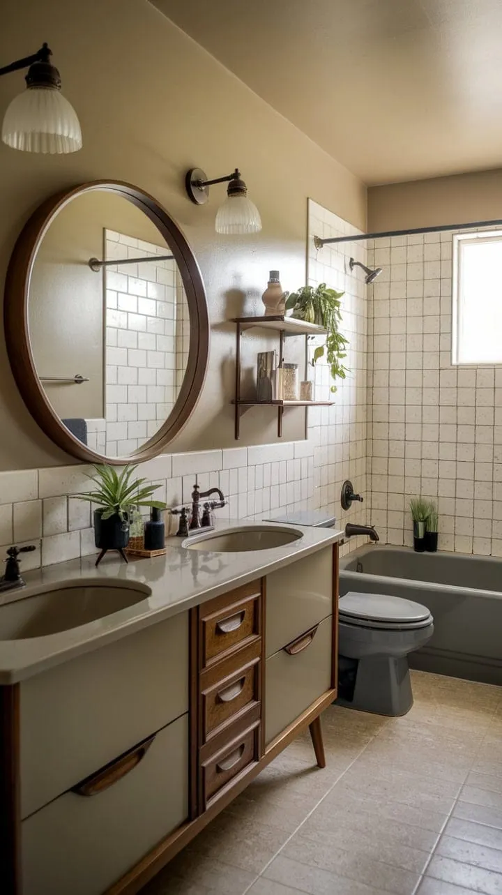This elegantly designed bathroom harmoniously fuses vintage allure with modern practicality, creating a serene oasis for self-care.