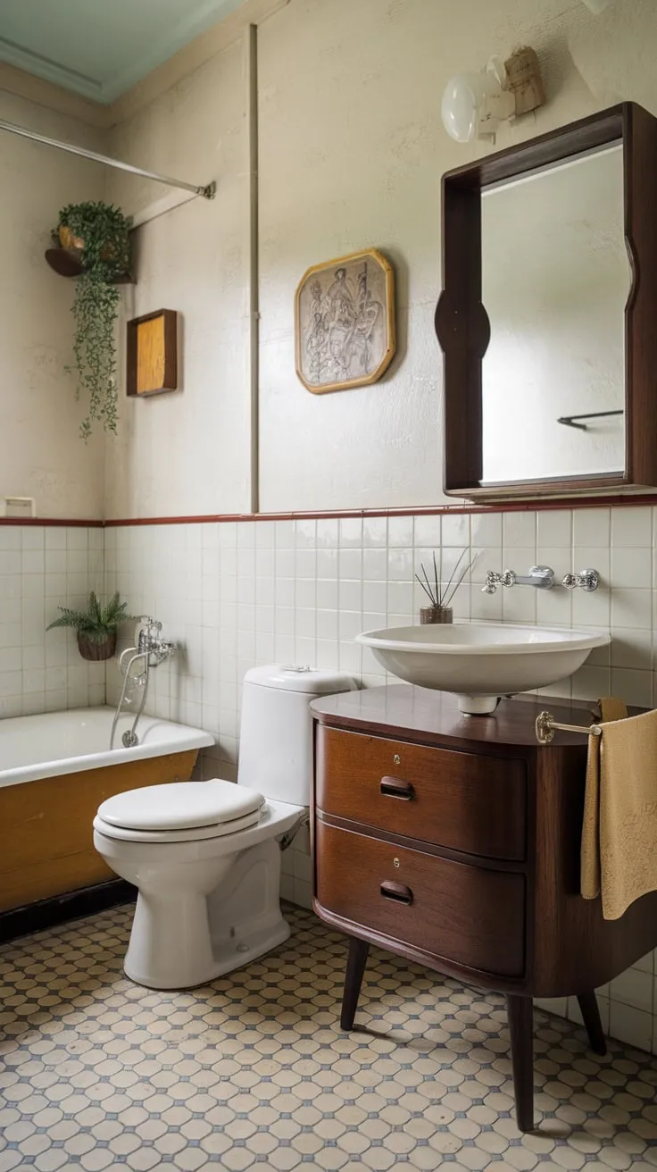 A mid-century modern bathroom boasts a stylish blend of vintage fixtures and light, airy walls, creating a serene and timeless space.