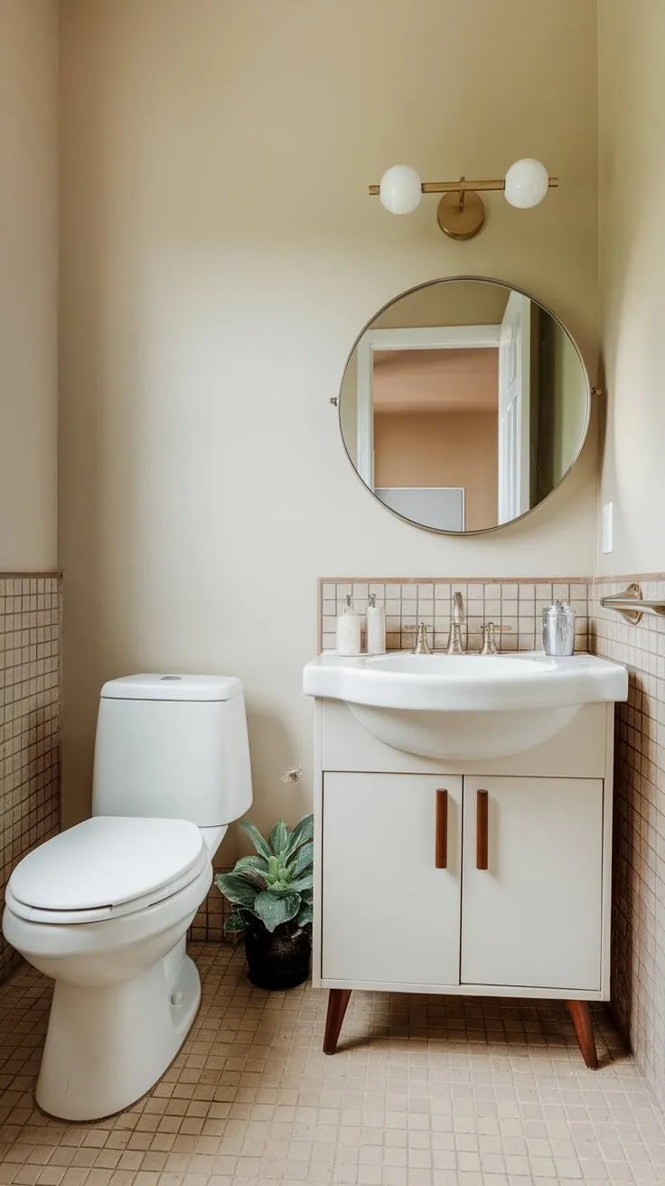 A small plant adds a touch of nature to the classic mid-century bathroom's simple elegance.
