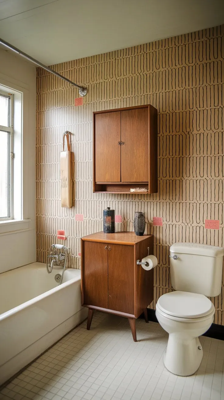 A mid-century modern bathroom showcases vintage style through its unique wall pattern, tiled floor, and classic white fixtures.