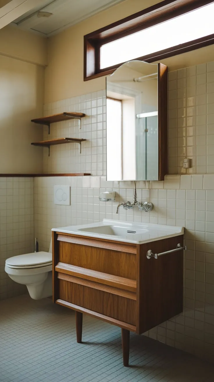 Step back in time with this vintage mid-century modern bathroom, featuring a sleek vanity, light tile, and charming details.