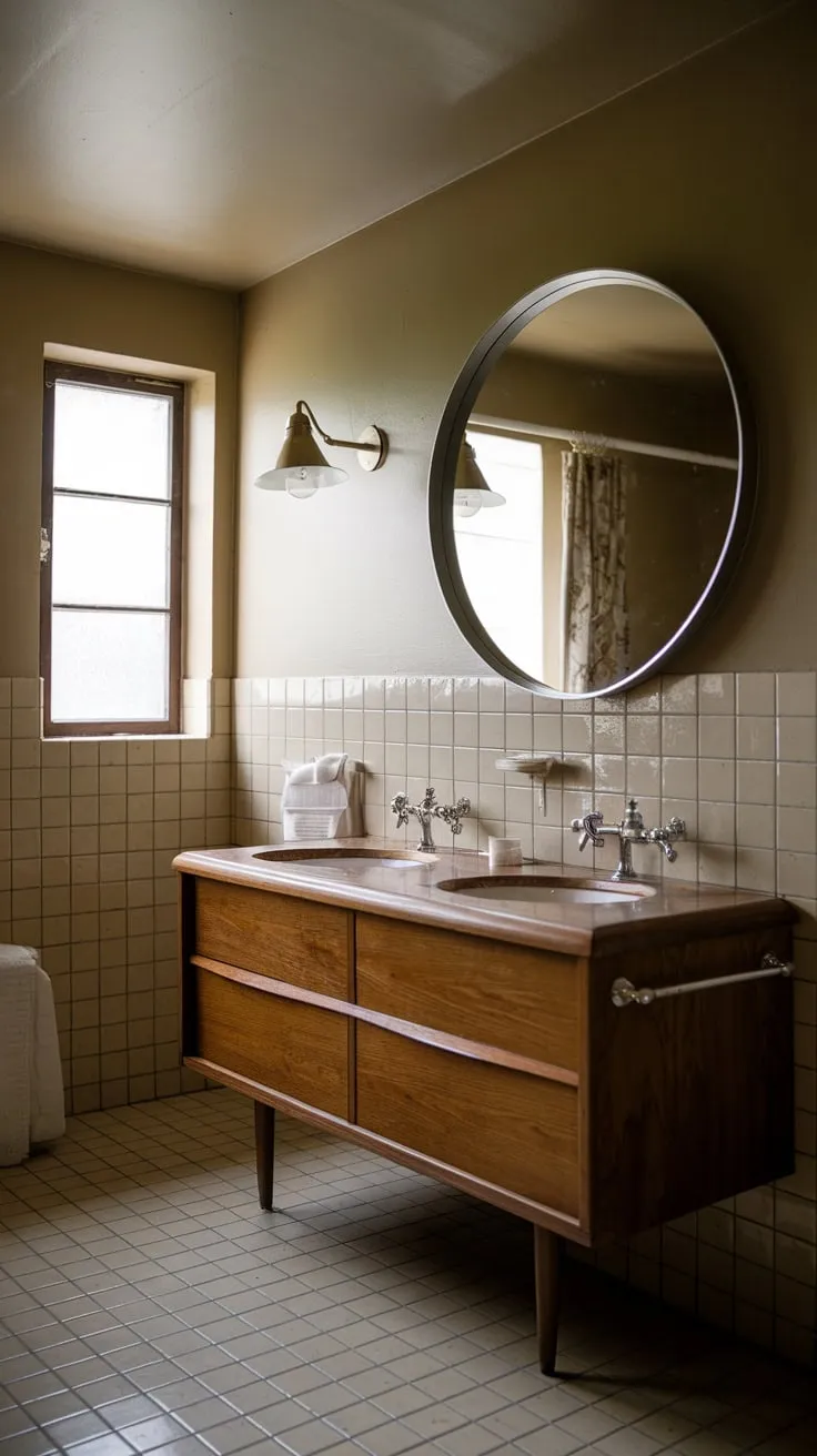 Beige tile, a round mirror, and a mid-century modern vanity create a vintage-inspired bathroom retreat