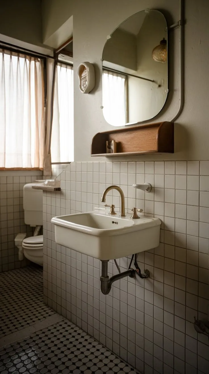 A white sink and black and white tiles create a stylish mid-century modern bathroom, complete with period details.