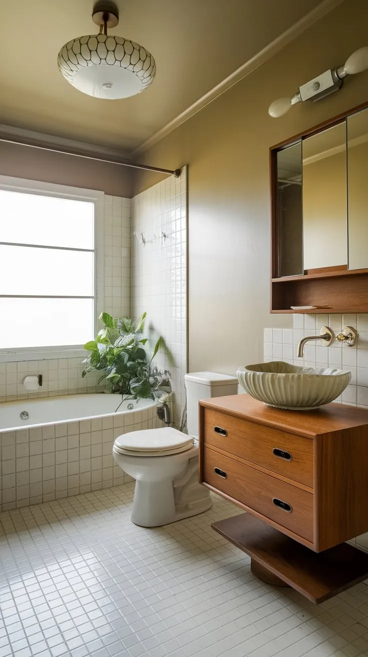 Clean lines and organic shapes define this mid-century bathroom, a serene space where retro charm meets modern functionality.