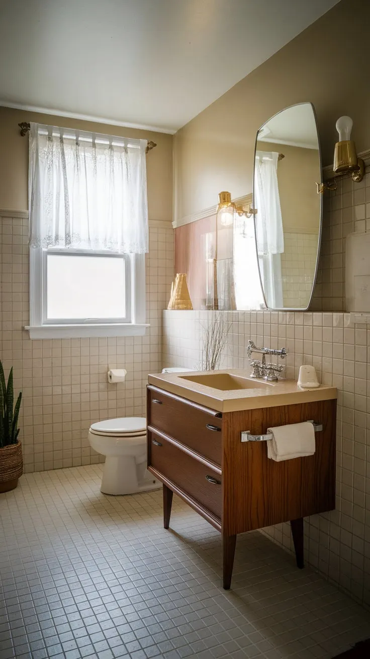 A vintage vanity and simple decor bring classic mid-century style to a beige-tiled bathroom.