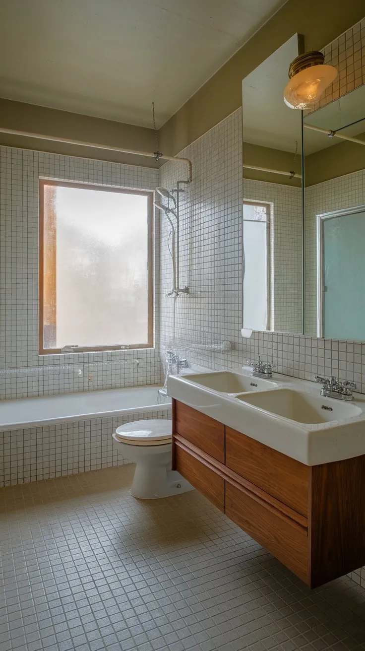 A mid-century modern bathroom's vintage charm shines through its white tile, double sink vanity, and classic bathtub.