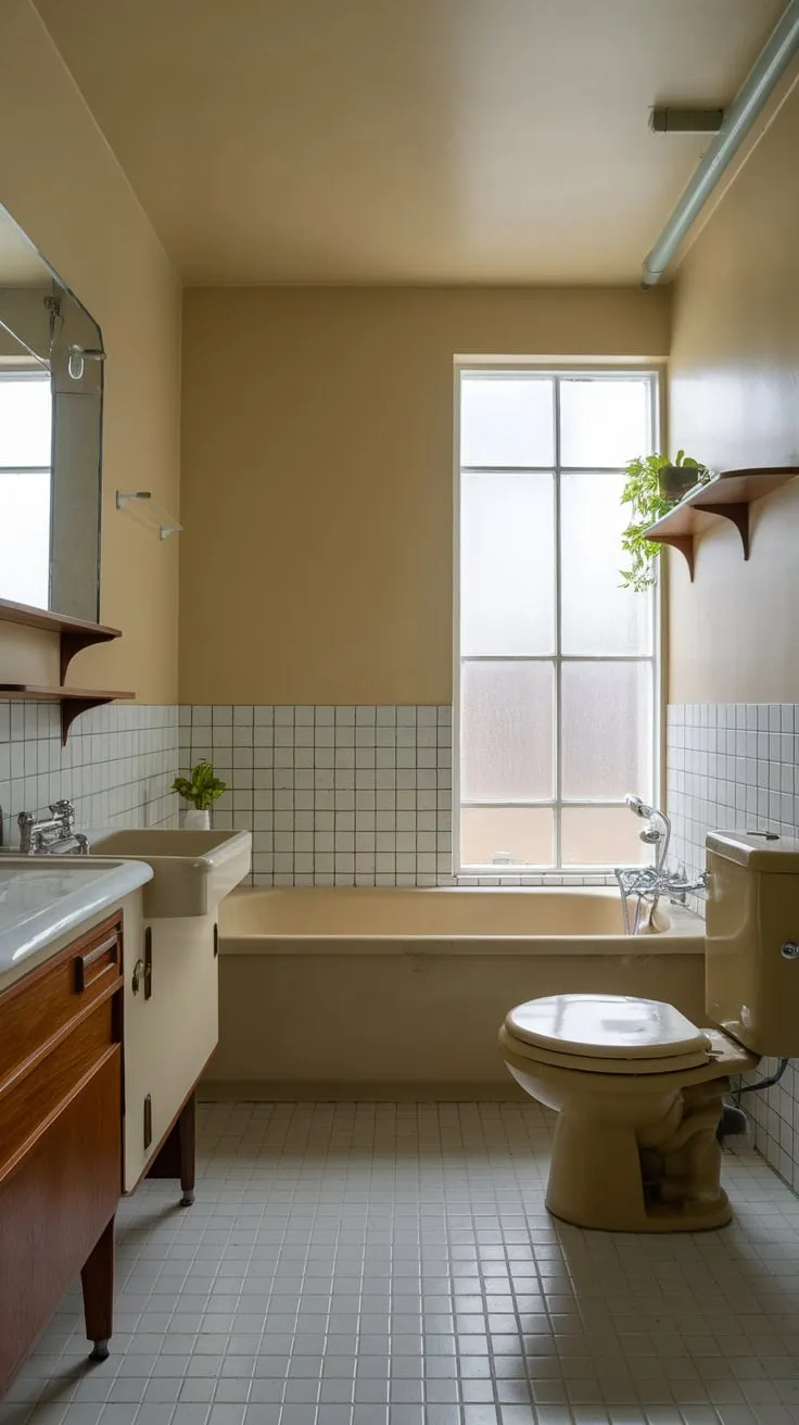 A vintage-inspired bathroom in soft beige and white showcases mid-century modern design with charming wooden accents and a splash of greenery.