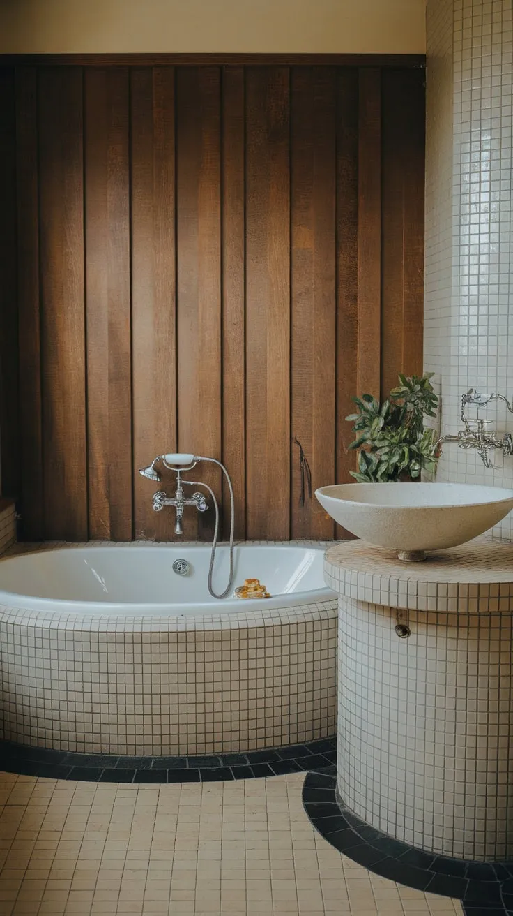 Soft lighting illuminates a vintage mid-century bathroom featuring a round tub, unique sink, wood paneling, and a chic beige and black tiled floor.