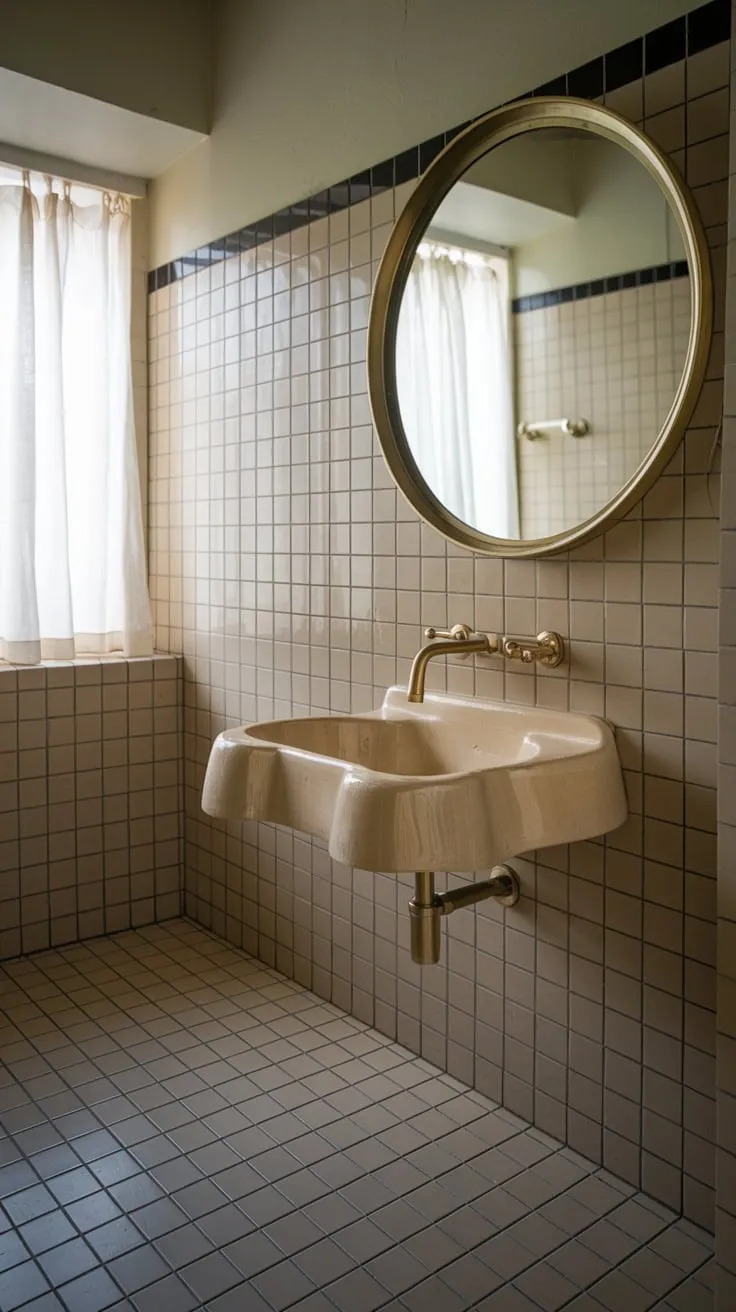 Light beige ceramic and a brass-framed mirror accentuate the organic shape of the wall-mounted sink in this mid-century modern bathroom.