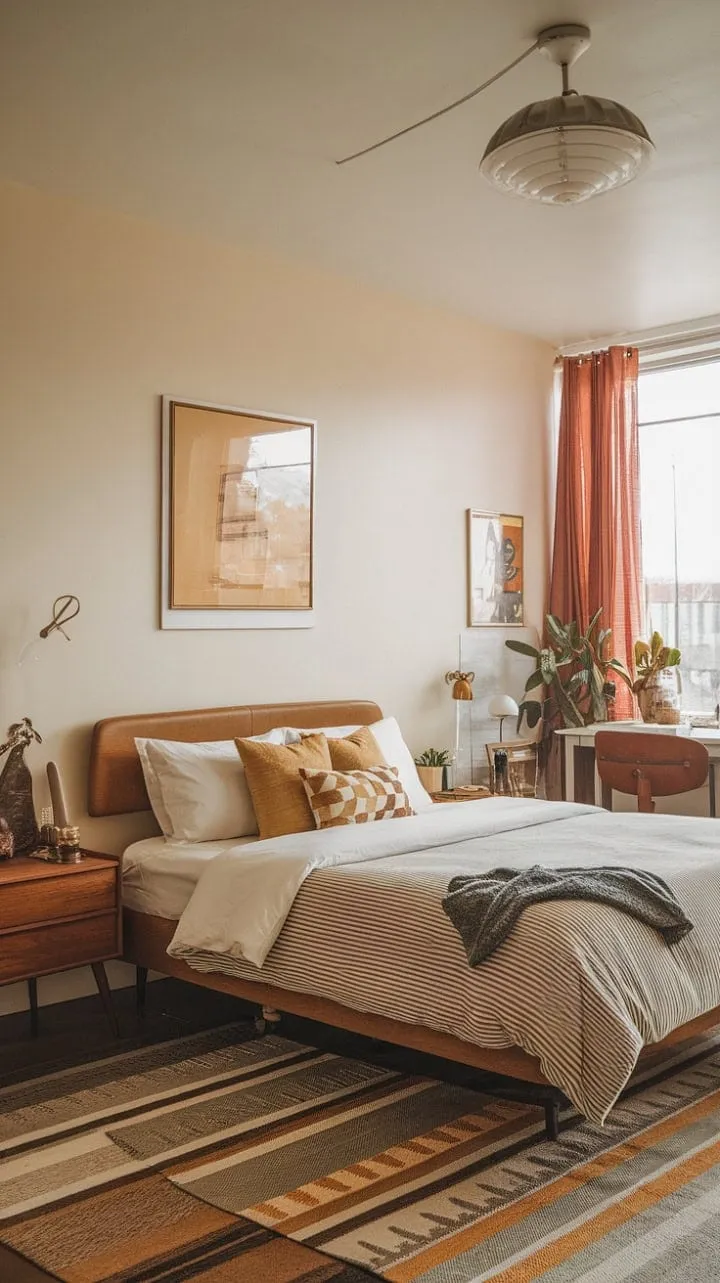 This mid-century deco studio apartment masterfully blends 1950s charm with modern flair, creating a timeless yet contemporary haven.