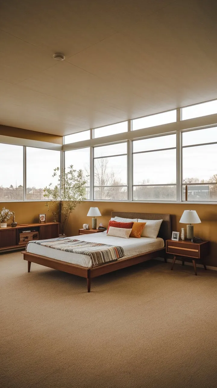 Bathed in sunlight, this mid-century modern sanctuary blends intimate warmth with serene simplicity, inviting quiet contemplation and restful nights.