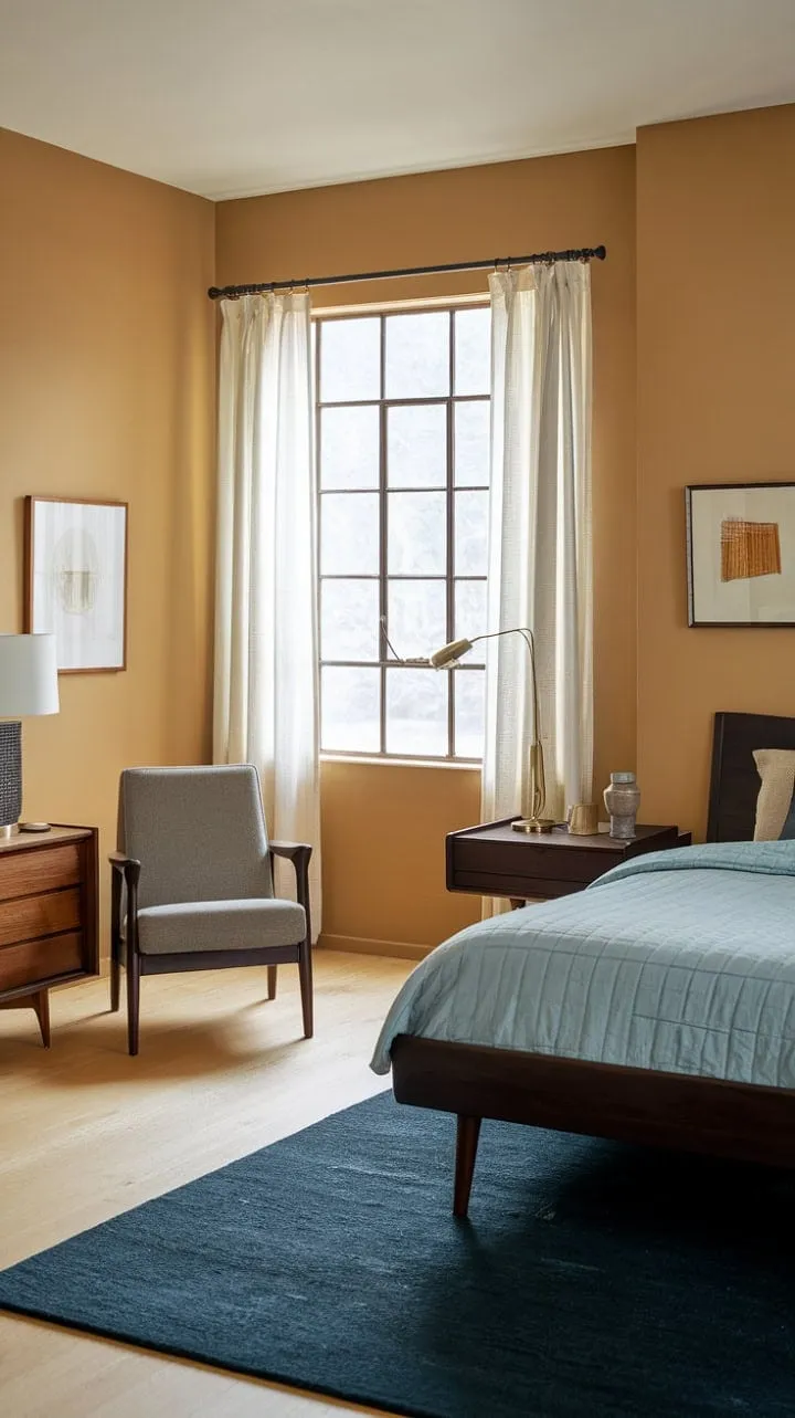 In this serene bedroom, warm wood tones and cool blues harmonize with mid-century modern accents, crafting a timeless sanctuary of understated elegance and comfort.