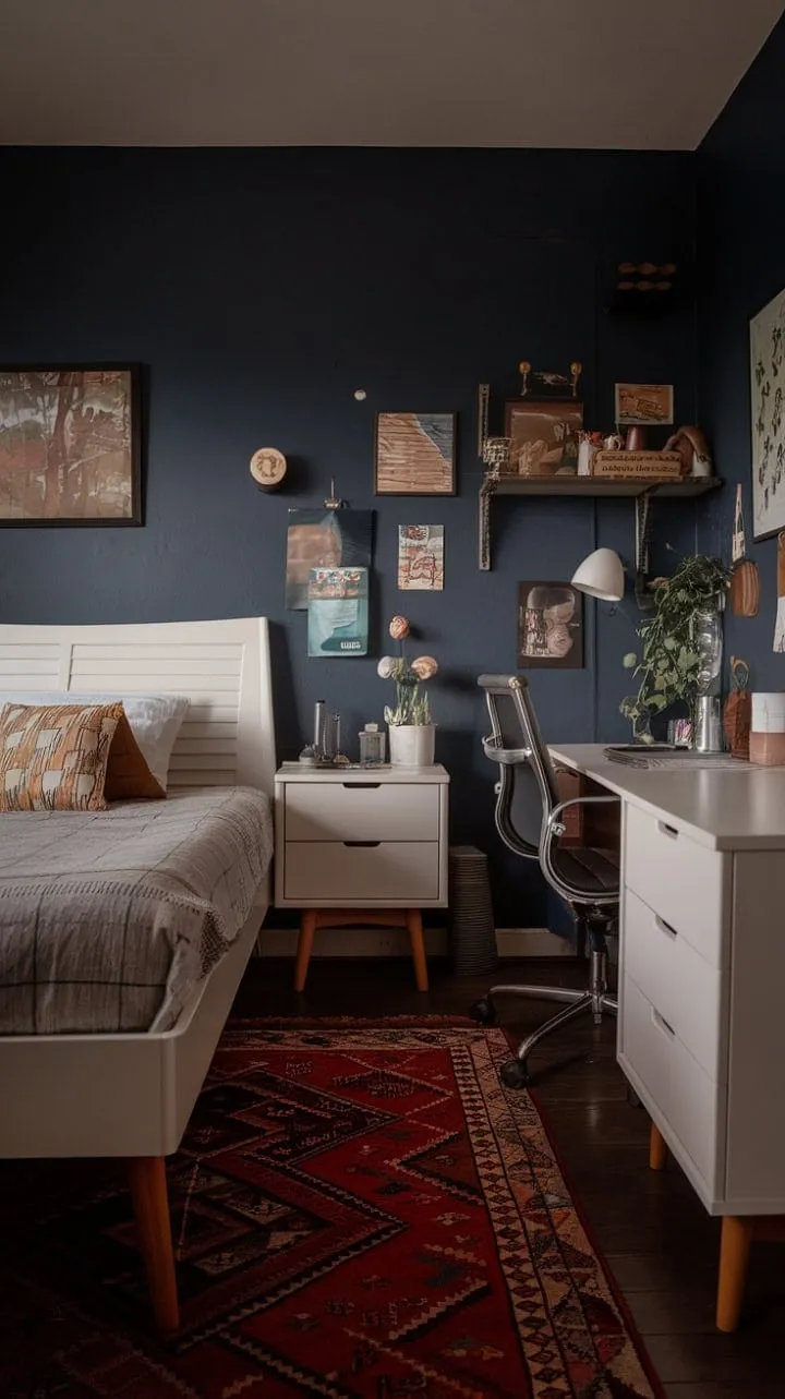 In this cozy mid-century bedroom, a harmonious blend of navy and white, complemented by clean lines and personal touches, creates a serene oasis of timeless elegance.