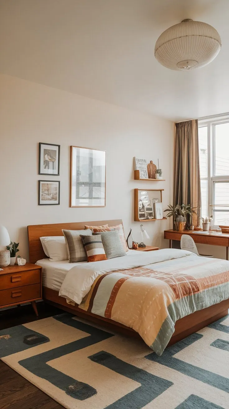 A mid-century deco studio bedroom evokes a dreamy 1950s apartment, seamlessly blending retro and futuristic design.