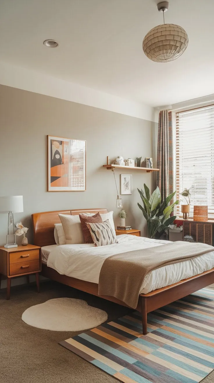 A mid-century modern bedroom evokes a stylish 1950s London apartment, a futuristic dream space.