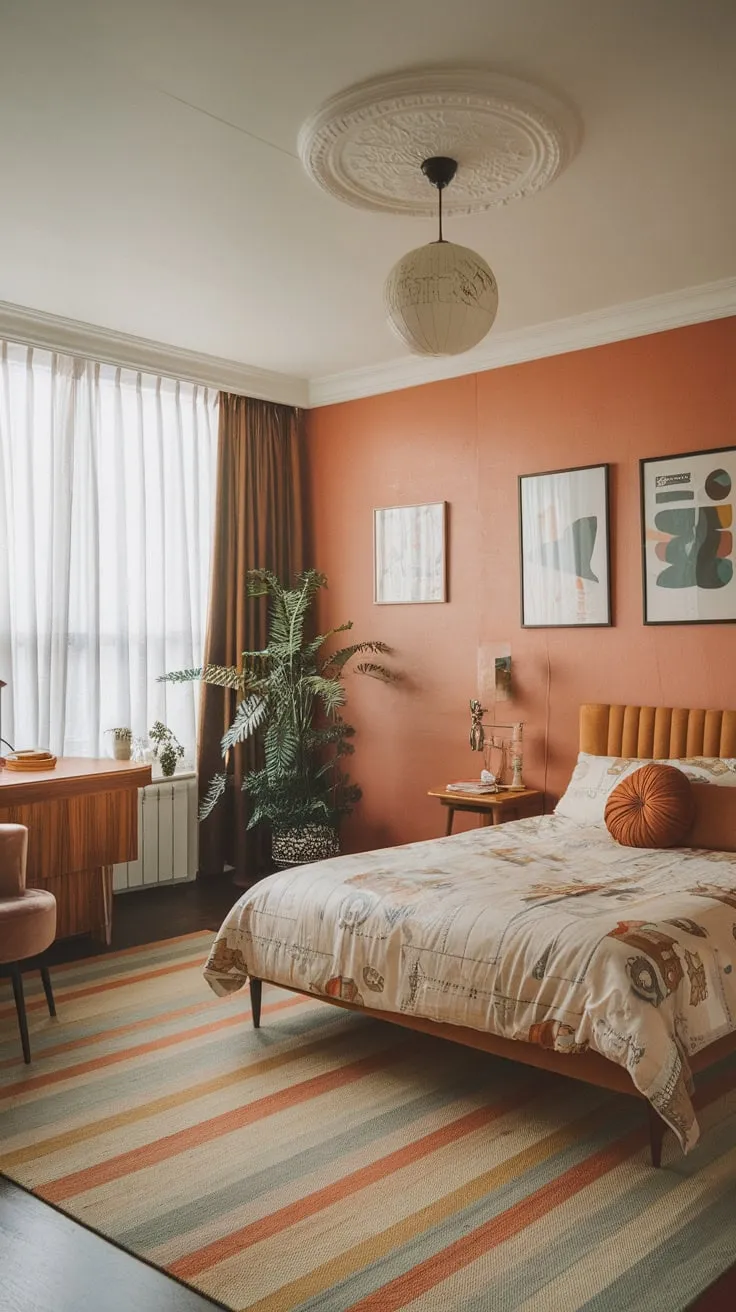 A mid-century London-inspired bedroom evokes a retro-futuristic aesthetic in a dream apartment setting.
